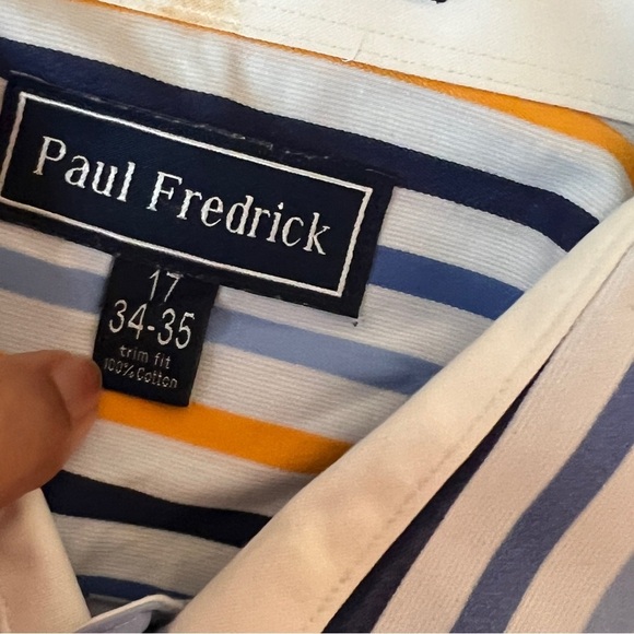 Paul Fredrick Men's 17 35 Multicolor Striped Cotton Trim Fit Dress Shirt - Picture 4 of 12